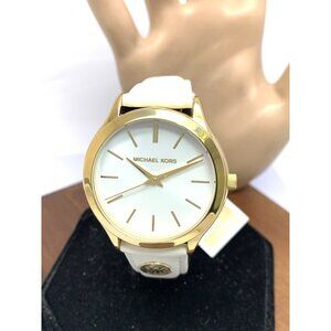 Michael Kors Womens Watch MK7466 Slim Runway Quartz White Dial Leather Band 38mm